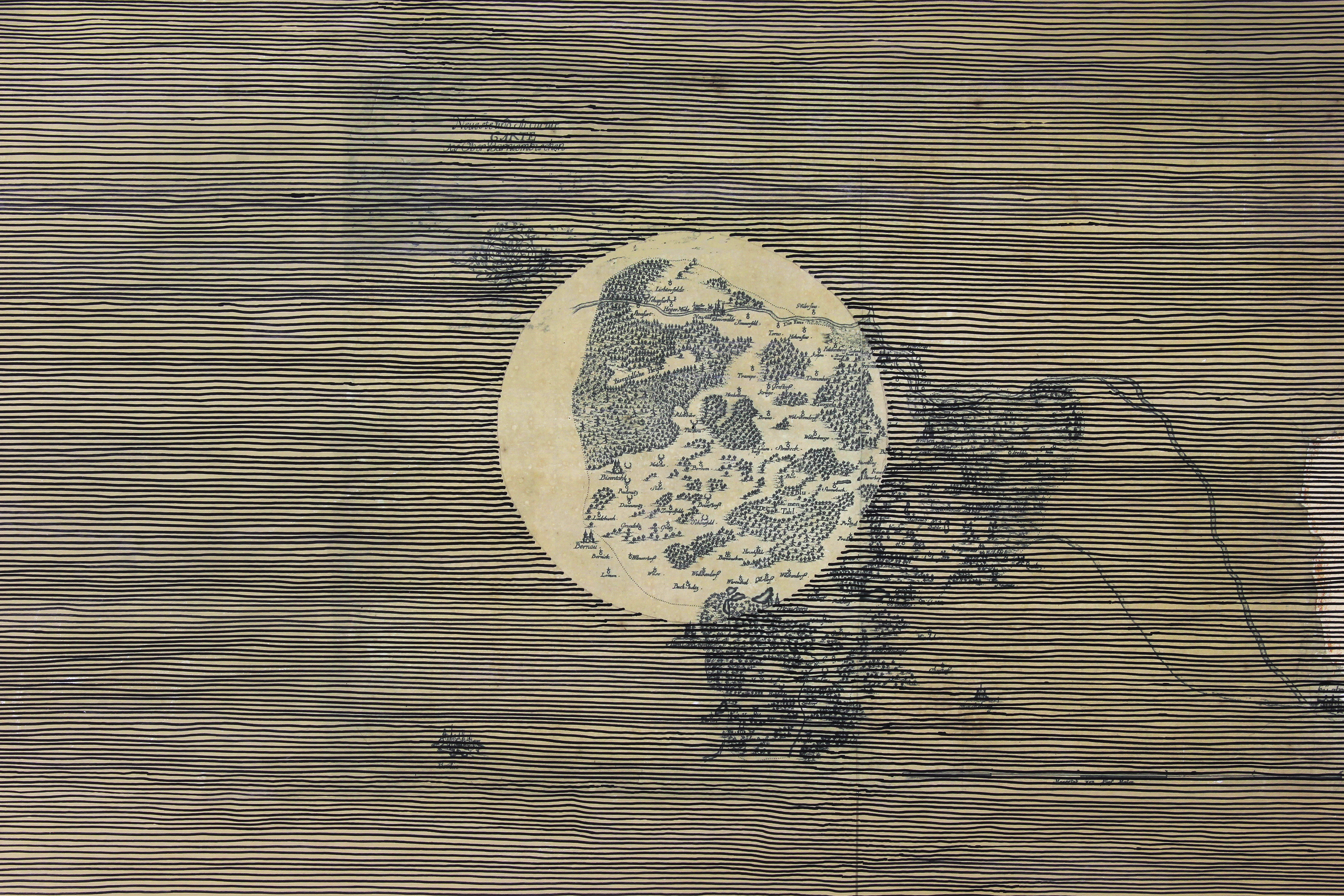 Übermalte Karte Foto: (c) Klaus Zolondowski, Karte: Kreisarchiv Barnim, Lizenz: Fachwerkkirche Tuchen e.V.