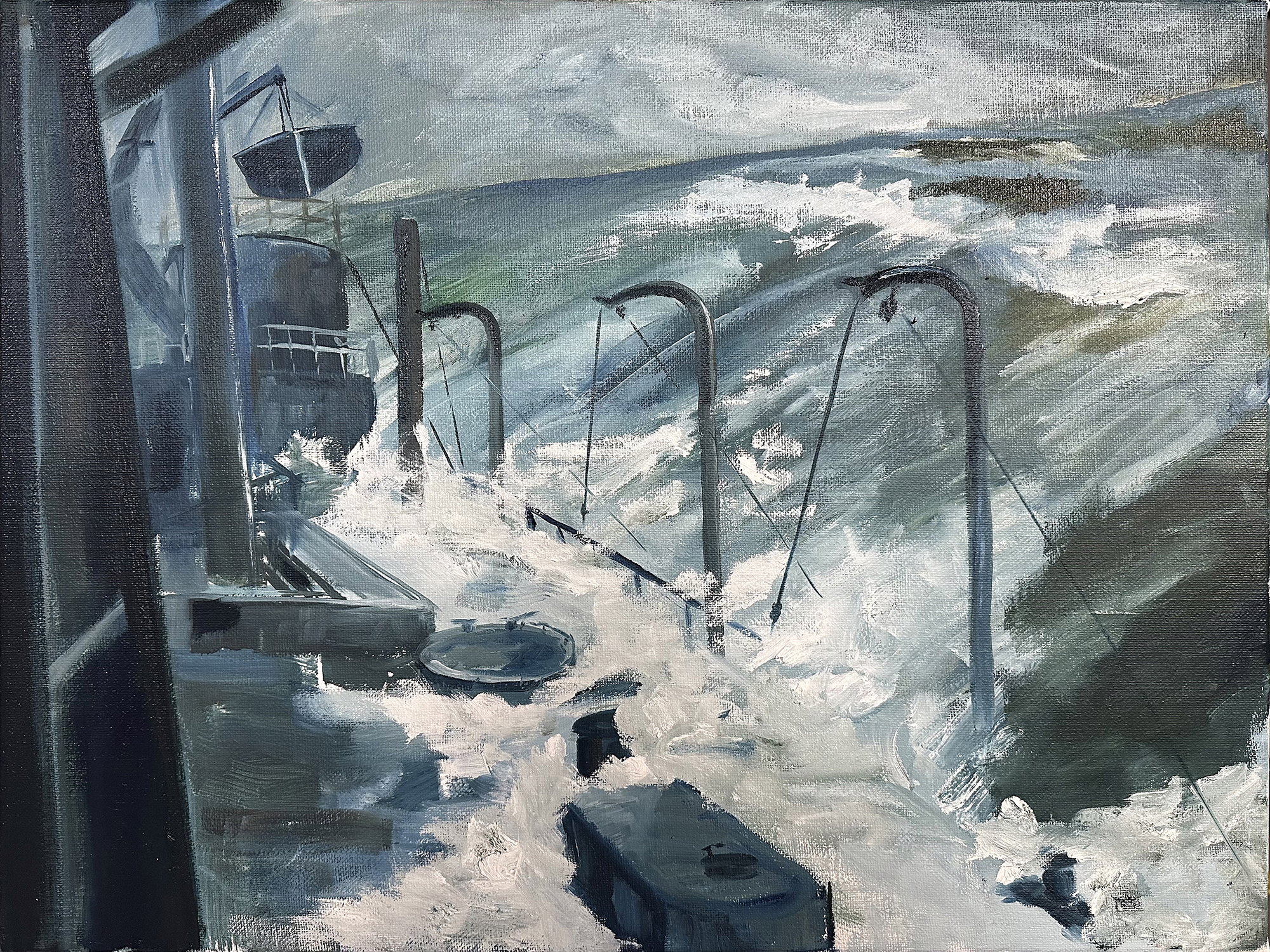 „Sturm auf See“ aus dem Zyklus „DOGGERBANK – eine Spurensuche“, 2026, Öl auf Jute, 60 x 80 cm